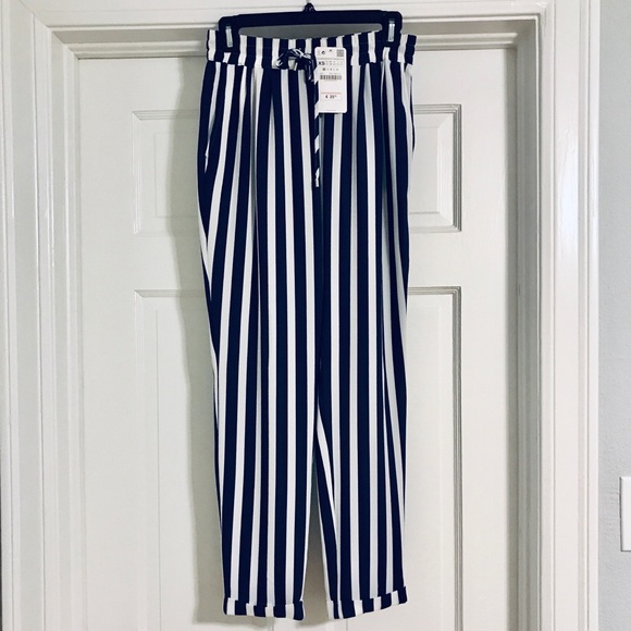 Zara Pants - Zara NWT white & navy striped flowy pants
